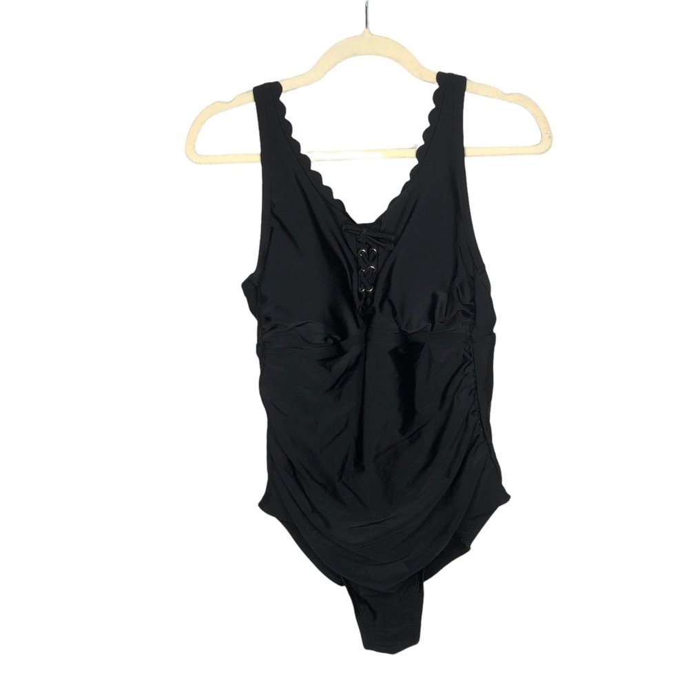 Kona Sol Womens One Piece Swimsuit Plus Size 14W Black Lace Up Scalloped